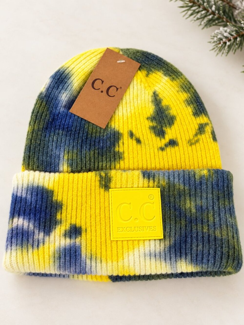 NWT C.C Tie Dye Beanie Denim Blue Yellow Ribbed Knit Cuffed Winter Hat